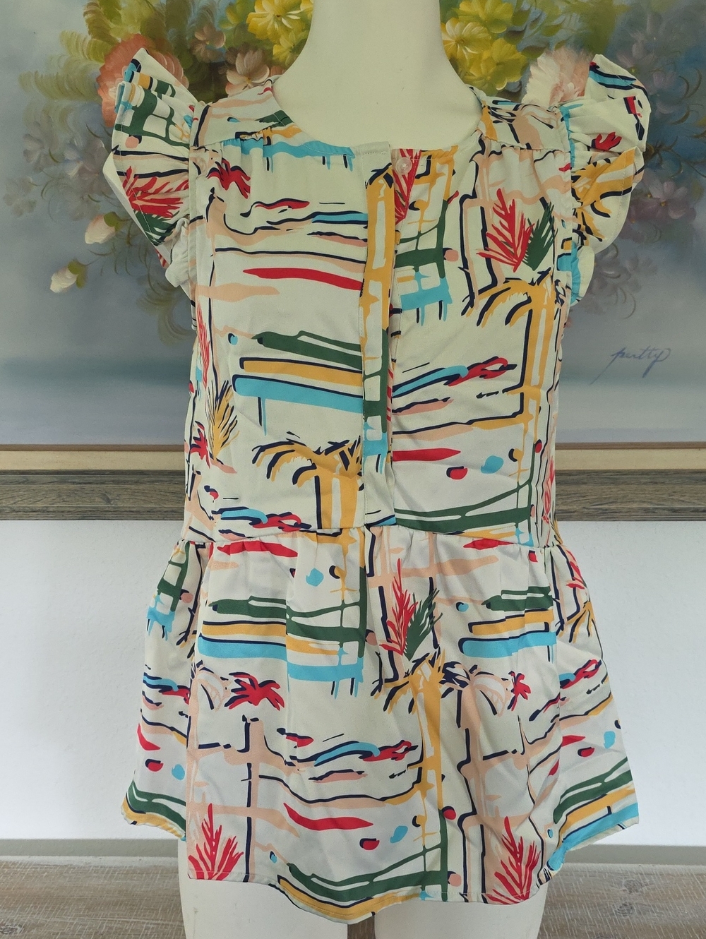 Crosby Cream Tropical Print Ruffle Sleeve Blouse